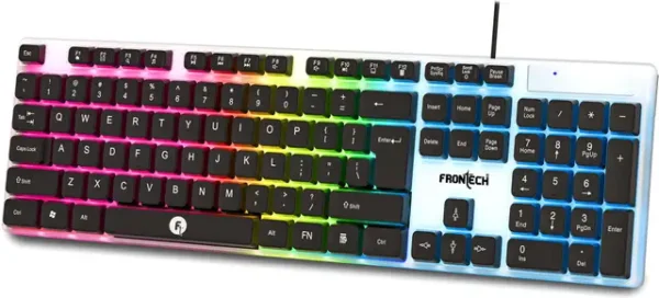 Frontech KB-0042 Wired Keyboard | RGB Backlight | 104 Keys Wired USB Standard Gaming Keyboard Compatible with Desktop, Laptop, Mac with gaming mode ,stand support,multimedia_keys (White, Black)